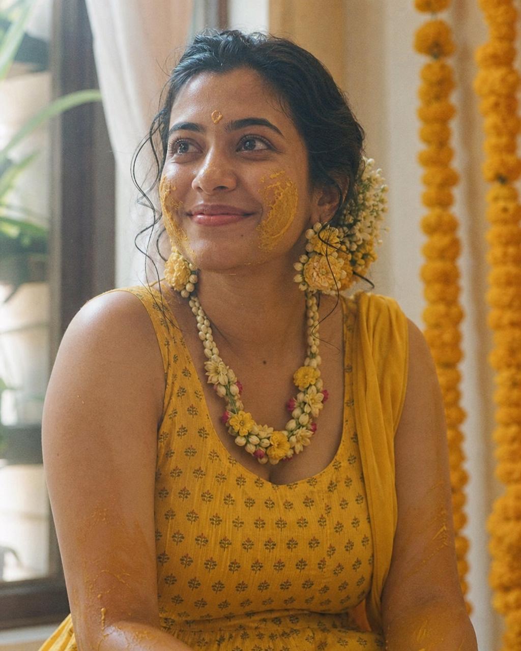 Bride with fresh, dewy haldi ceremony makeup and marigold flowers