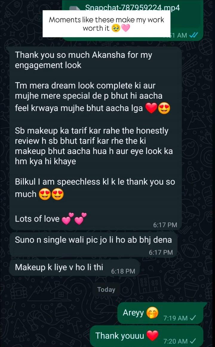 WhatsApp message from a client of Aakanksha Makeovers, review 2