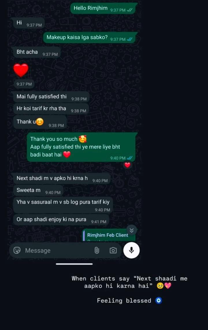 WhatsApp message from a client of Aakanksha Makeovers, review 3