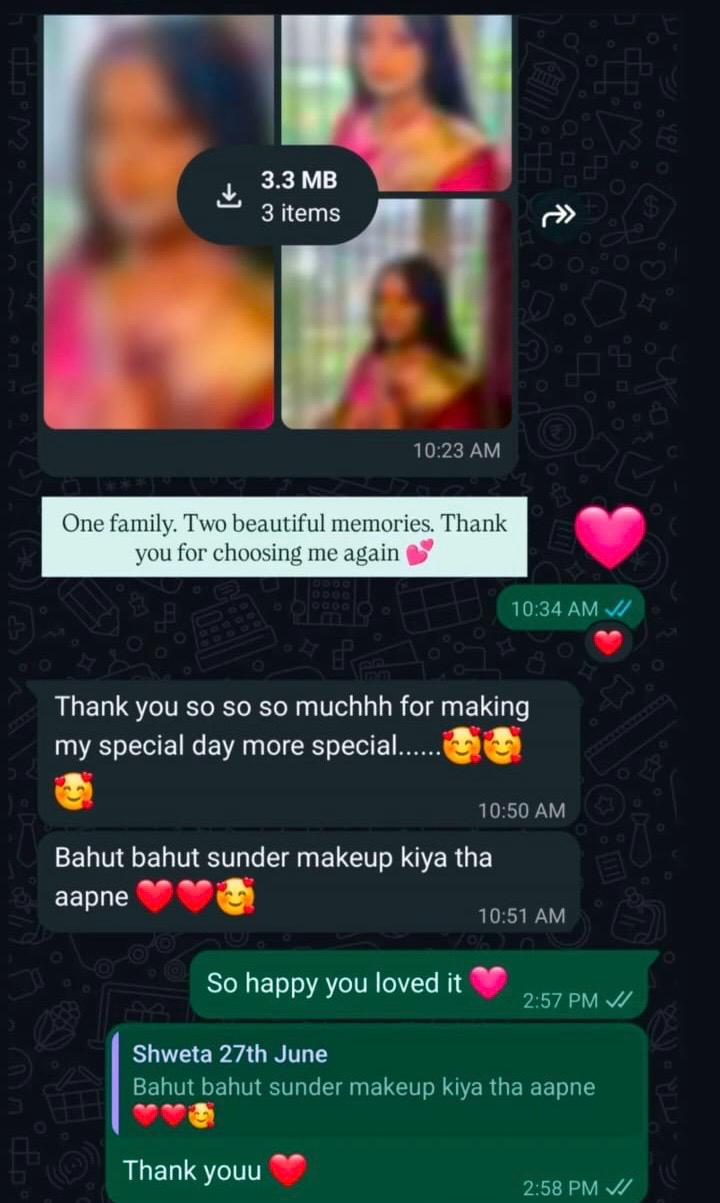 WhatsApp message from a client of Aakanksha Makeovers, review 4